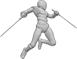 Pose Reference- Twin katana mid-air attack pose - Male is jumping forward while attacking mid-air, holding a katana in each hand, legs tucked, head turned to the left