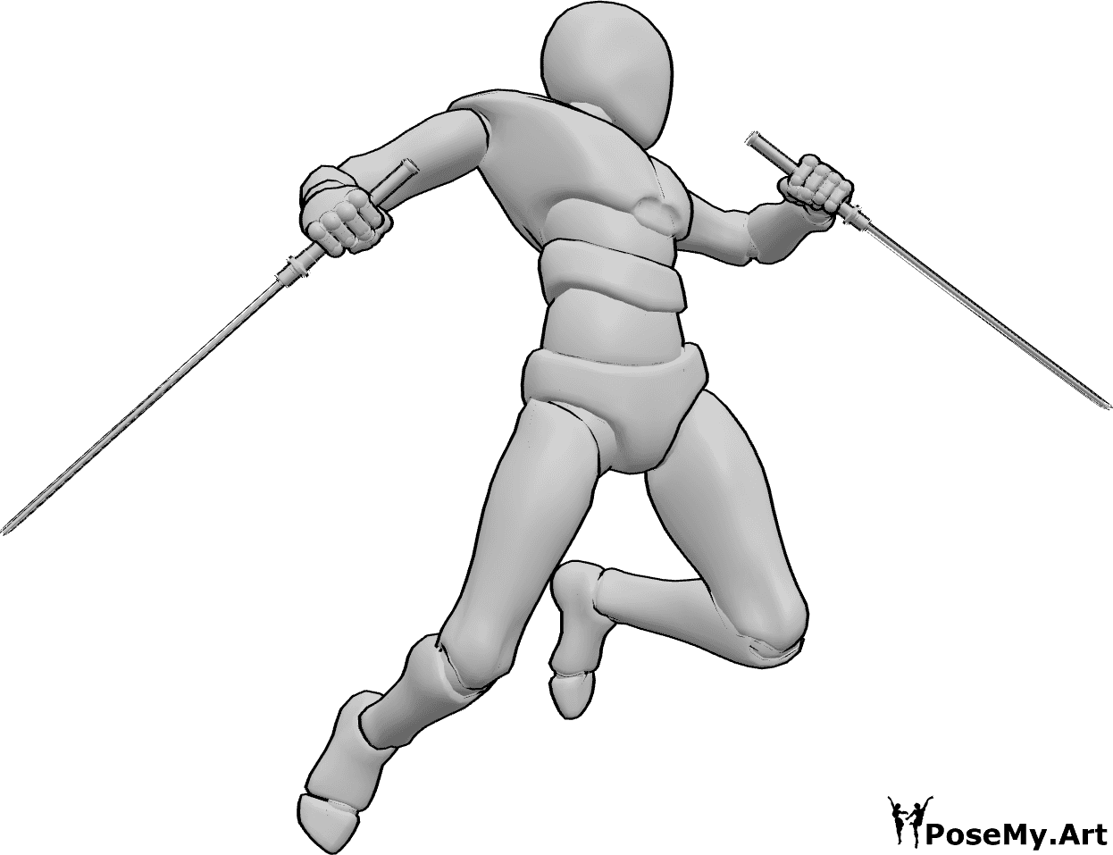 Pose Reference- Twin katana mid-air attack pose - Male is jumping forward while attacking mid-air, holding a katana in each hand, legs tucked, head turned to the left