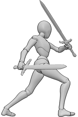 Pose Reference- Spinning twin blade attack pose - Female is spinning with two swords in a circular attack