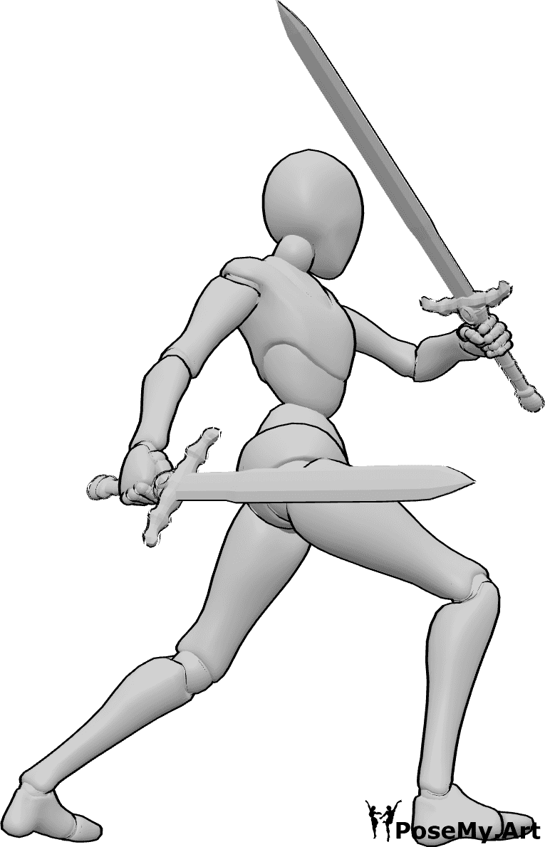 Pose Reference- Spinning twin blade attack pose - Female is spinning with two swords in a circular attack