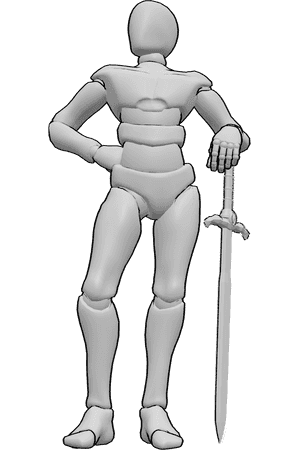 Pose Reference- Confident warrior stance pose - Male is standing proudly with one hand on his hip while resting his other arm on the hilt of his sword