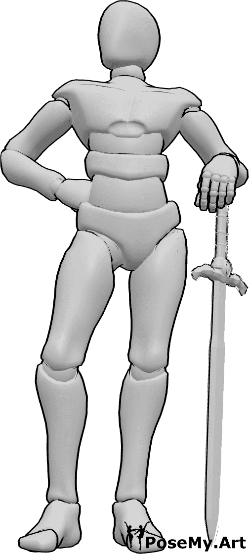 Pose Reference- Confident warrior stance pose - Male is standing proudly with one hand on his hip while resting his other arm on the hilt of his sword
