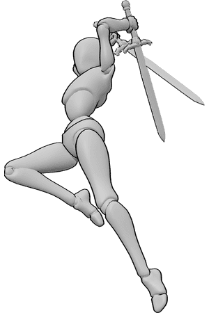 Pose Reference- Aerial crushing strike pose - Female is jumping while crossing both swords over her head and bringing them down in a crushing vertical strike