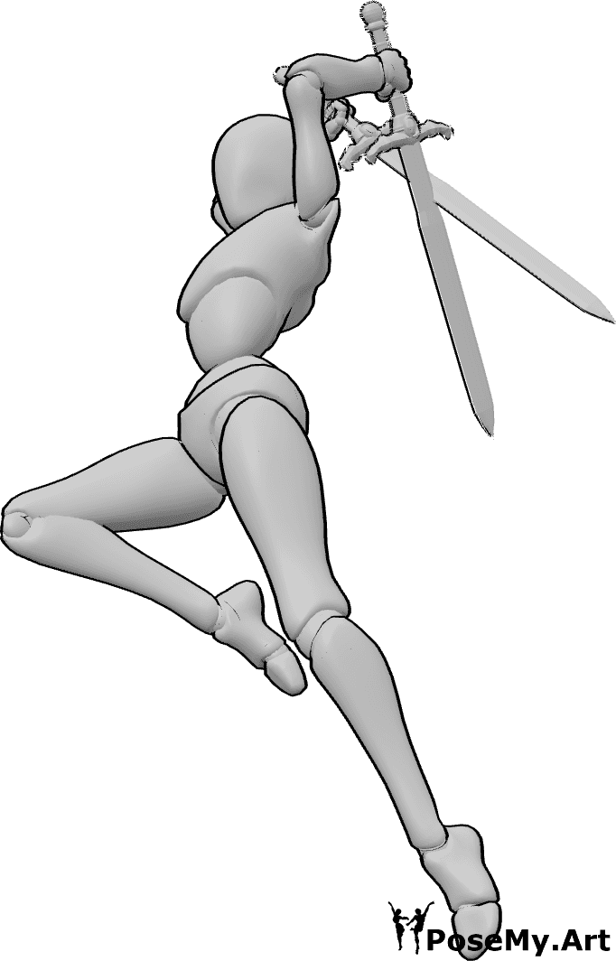 Pose Reference- Aerial crushing strike pose - Female is jumping while crossing both swords over her head and bringing them down in a crushing vertical strike
