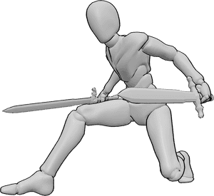 Pose Reference- Low guard attack stance pose - Male is holding a low attacking stance with knees bent, body lowered, swords ready in both hands