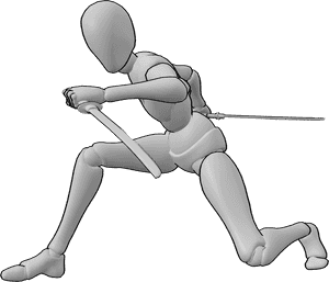 Pose Reference- Katana low attack stance pose - Female is holding a low attacking stance with bent knees, gripping katanas in both hands, body poised to strike