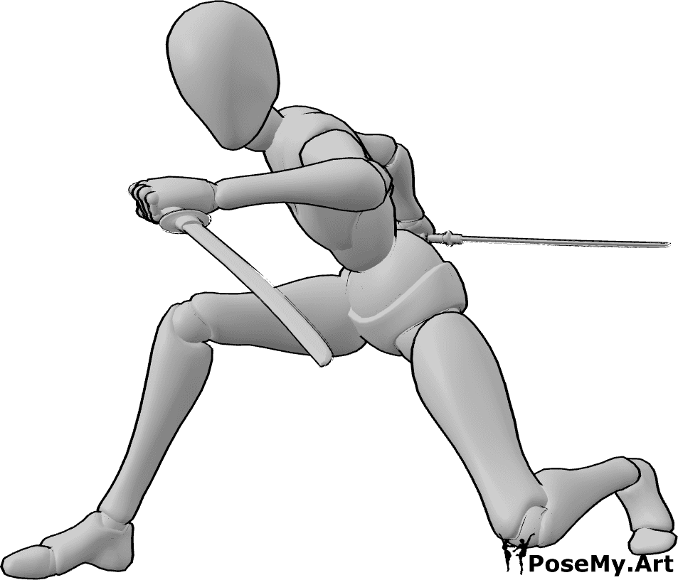 Pose Reference- Katana low attack stance pose - Female is holding a low attacking stance with bent knees, gripping katanas in both hands, body poised to strike