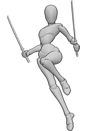 Pose Reference- Floating dual katana pose - Female is hovering mid-air while holding katanas in both hands