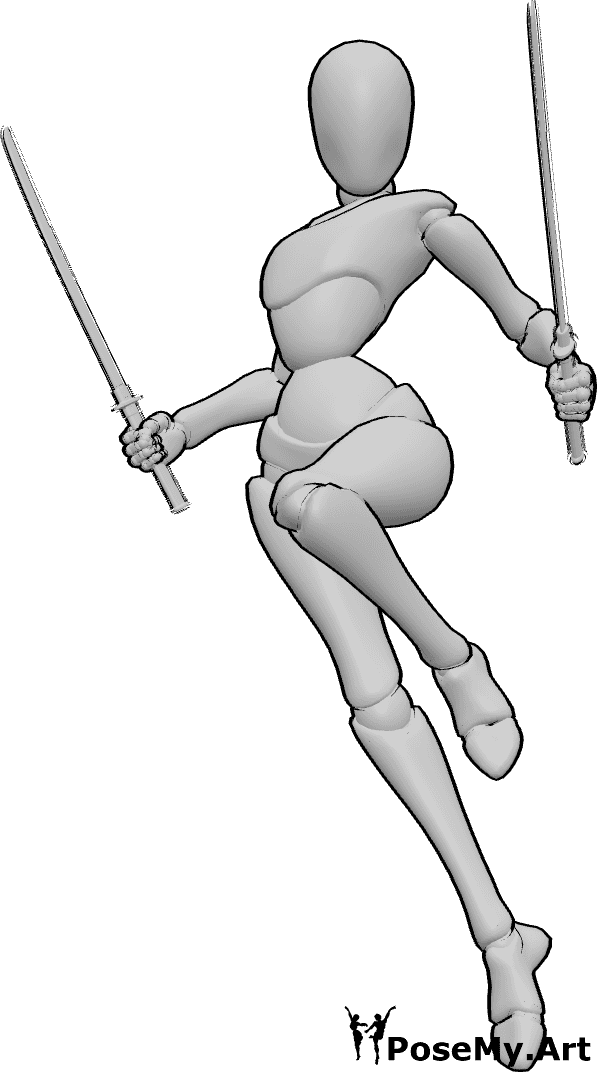 Pose Reference- Floating dual katana pose - Female is hovering mid-air while holding katanas in both hands