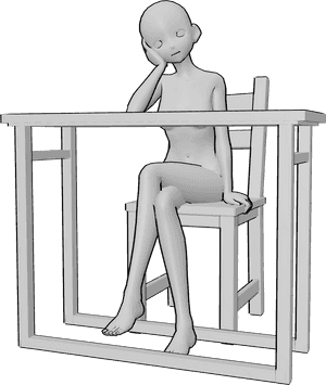 Pose Reference- Anime side lean sitting pose - Anime Female is sitting, resting her cheek on her hand with the head leaning sideways