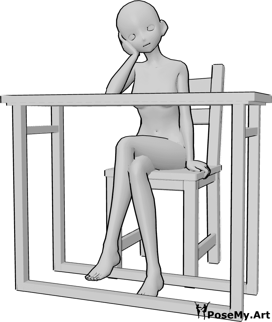 Pose Reference- Anime side lean sitting pose - Anime Female is sitting, resting her cheek on her hand with the head leaning sideways