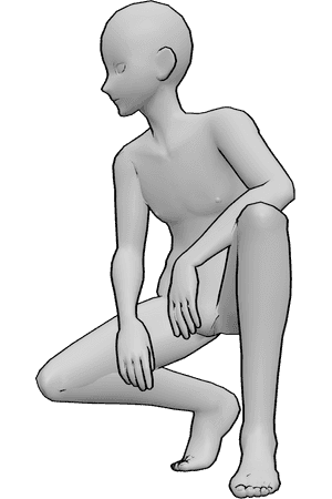 Pose Reference- Anime crouching turning head pose - Anime Male is crouching and looking to the right