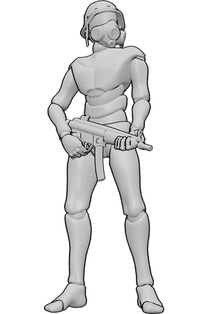 Pose Reference- Standing holding MP5 pose - Male is standing still, holding an MP5 with both hands, wearing a helmet and a gas mask