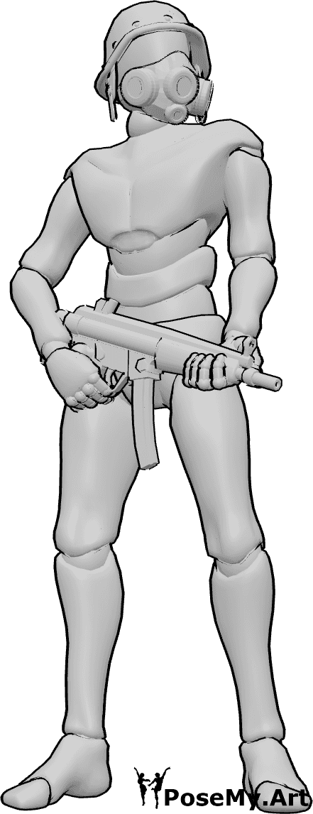 Pose Reference- Standing holding MP5 pose - Male is standing still, holding an MP5 with both hands, wearing a helmet and a gas mask