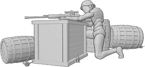 Pose Reference- Kneeling cover aiming pose - Male is kneeling behind cover and aiming his gun, resting it against a wooden storage crate