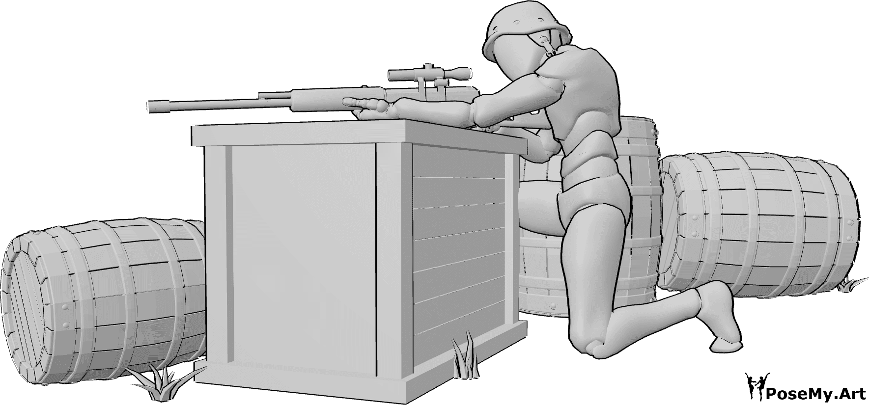 Pose Reference- Kneeling cover aiming pose - Male is kneeling behind cover and aiming his gun, resting it against a wooden storage crate