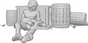 Pose Reference- Cover sitting pose - Male is sitting in cover, leaning against a crate and holding an AK-47