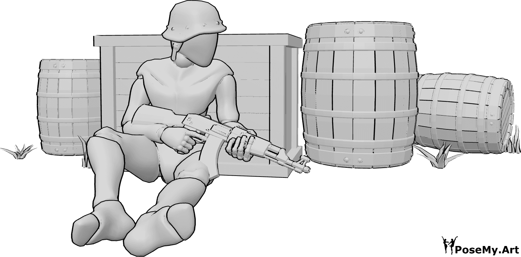 Referência de poses- Pose sentada na capa - Um homem está sentado, protegido, encostado a uma caixa e a segurar uma AK-47