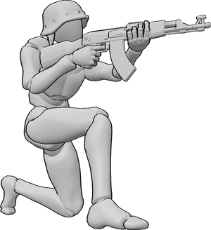 Pose Reference- Half kneeling aiming pose - Male is half-kneeling and aiming forward with an AK-47