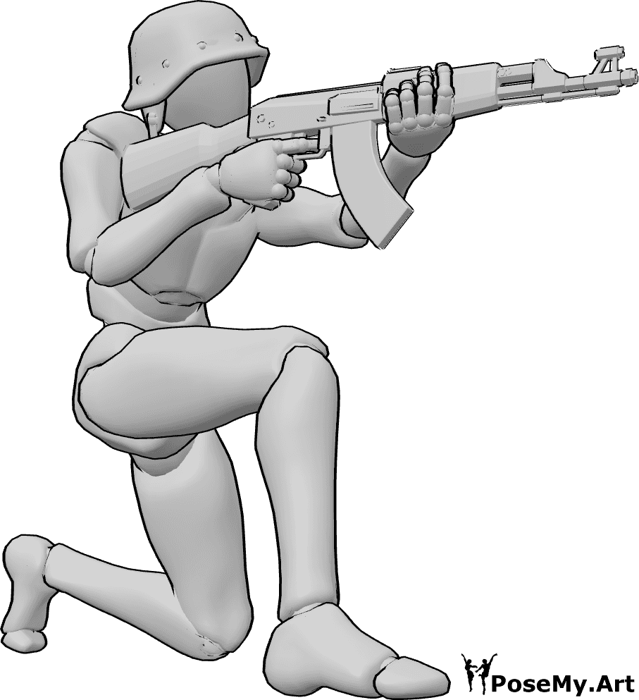 ポーズ資料- 片膝をついて狙いを定めるポーズ - 男性は片膝をつき、AK-47を前方に向けて構えている
