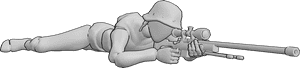 Pose Reference- Prone sniper aiming pose - Male is lying flat on the ground in a prone position and aiming with a sniper rifle