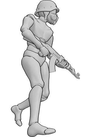Pose Reference- Running holding AK47 pose - Male is running forward, wearing a gas mask and helmet, holding an AK-47