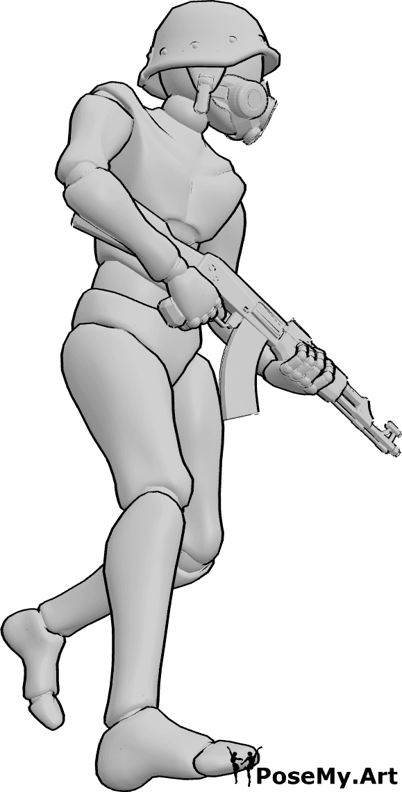 Pose Reference- Running holding AK47 pose - Male is running forward, wearing a gas mask and helmet, holding an AK-47