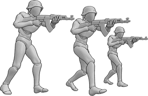 Pose Reference- Group advance aiming pose - Three males are advancing slowly as a group, all aiming their guns forward