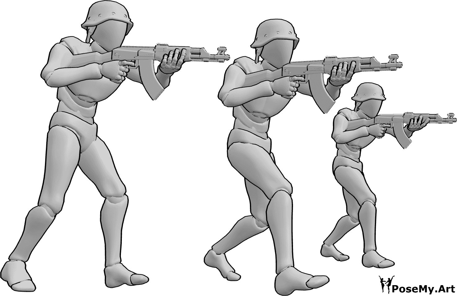 Pose Reference- Group advance aiming pose - Three males are advancing slowly as a group, all aiming their guns forward