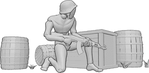 Pose Reference- Crouching in cover pose - Male is crouching in cover while holding his gun with both hands