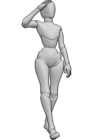Pose Reference- Female walking salute pose - Female is walking forward and raising her hand into a salute mid-step
