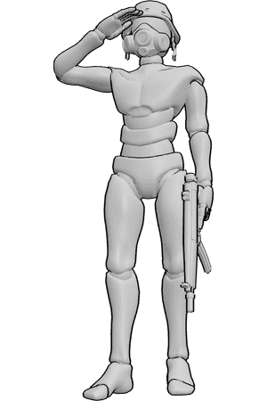 Pose Reference- Military salute pose - Male is saluting, wearing a helmet, gas mask and holding a gun