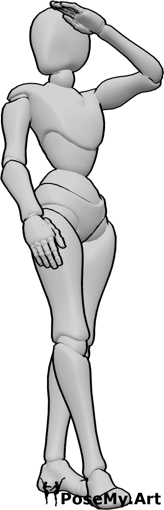 Pose Reference- Turning salute pose - Female is mid-turn, looking over her shoulder while completing a salute