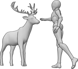 Pose Reference- Female meeting deer pose - Female is gently reaching out, trying to touch the deer