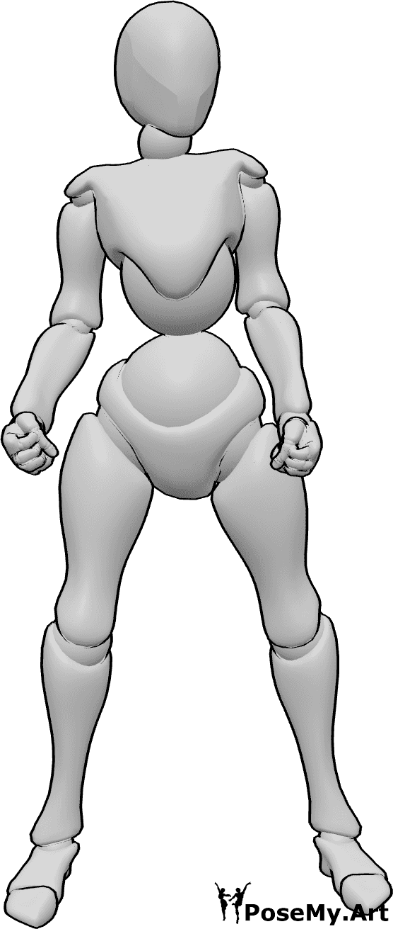 Referencia de poses- Mujer nerviosa de pie - Mujer de pie nerviosa con los puños cerrados posa