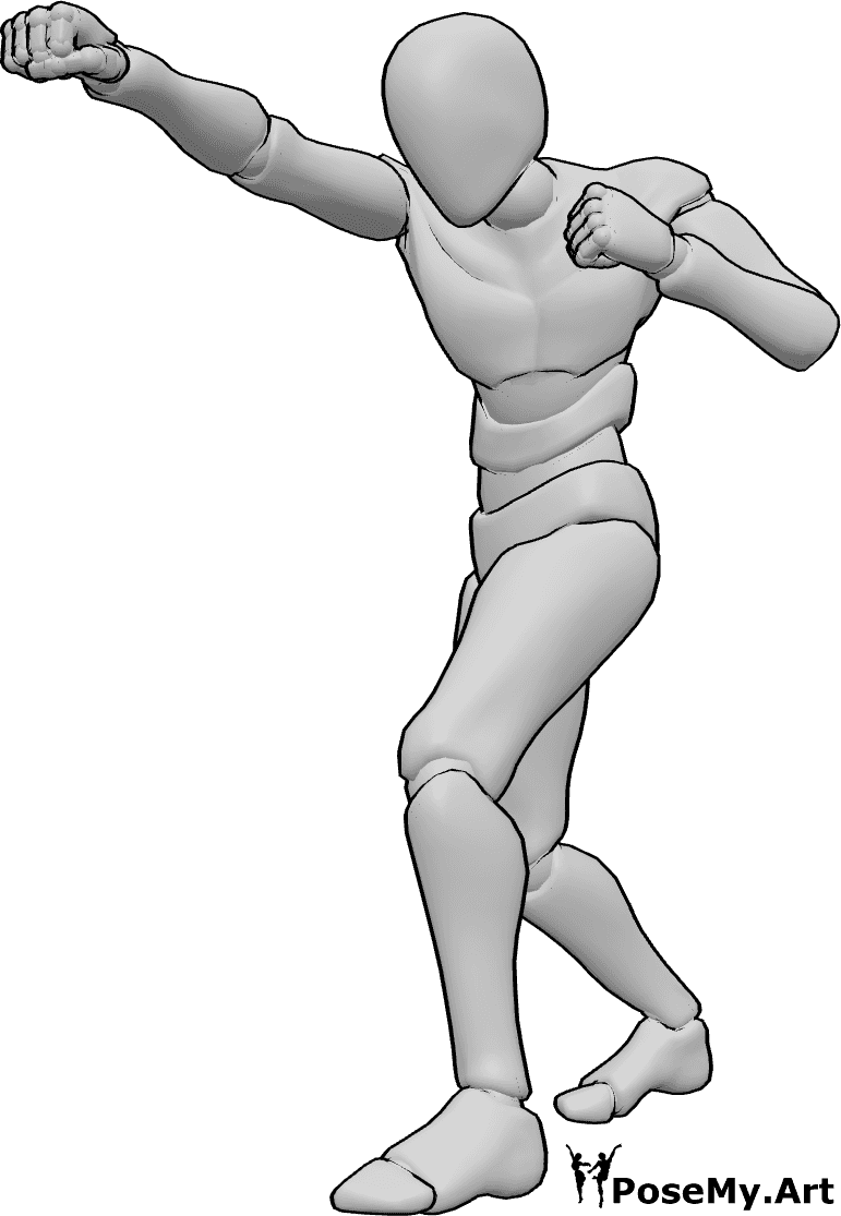 Pose Reference- Cross punch pose - Male is rotating his torso strongly while throwing a powerful cross punch