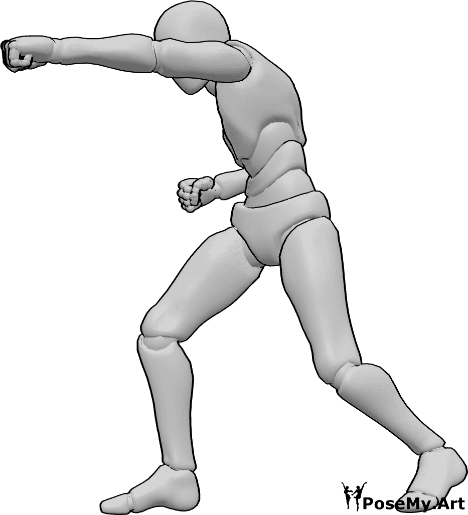 Referência de poses- Pose do soco reto - O homem está a dar um soco direto para a frente, com o braço totalmente estendido e os ombros alinhados