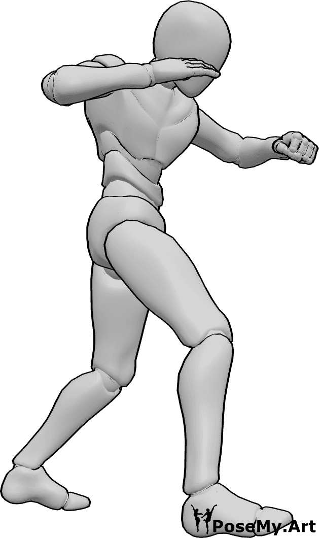 Referência de poses- Pose de soco de guarda - O homem está a dar socos, mantendo a mão oposta numa posição defensiva de guarda