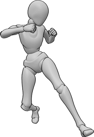 Pose Reference- Female running jump punch pose - Female is running and leaping into the air, delivering a punch with her right fist