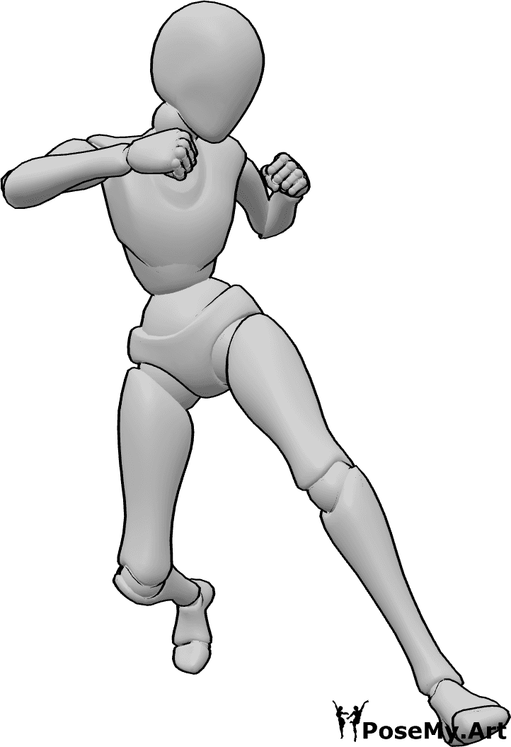 Pose Reference- Female running jump punch pose - Female is running and leaping into the air, delivering a punch with her right fist