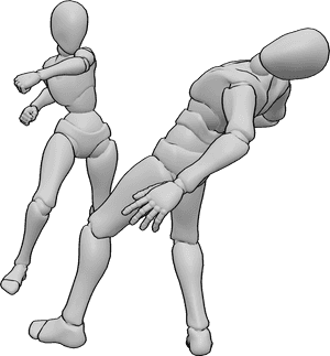 Pose Reference- Female knocking out male pose - Female and male are engaged in combat, with the female delivering a knockout blow as the male falls backward