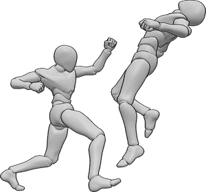 Pose Reference- Male uppercut combat pose - Two males are fighting, with one driving an uppercut while the other is launched backward by the impact