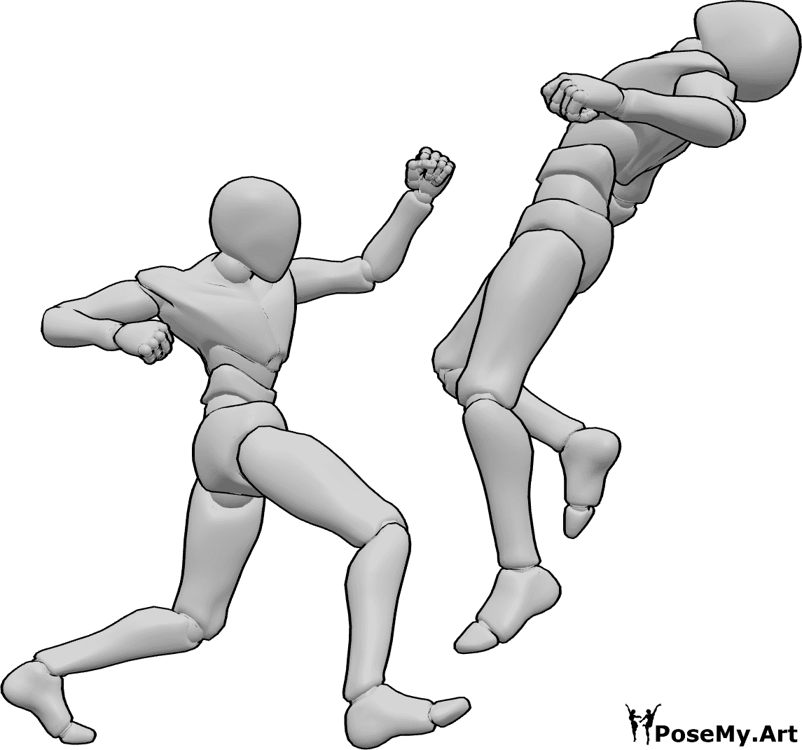 Pose Reference- Male uppercut combat pose - Two males are fighting, with one driving an uppercut while the other is launched backward by the impact