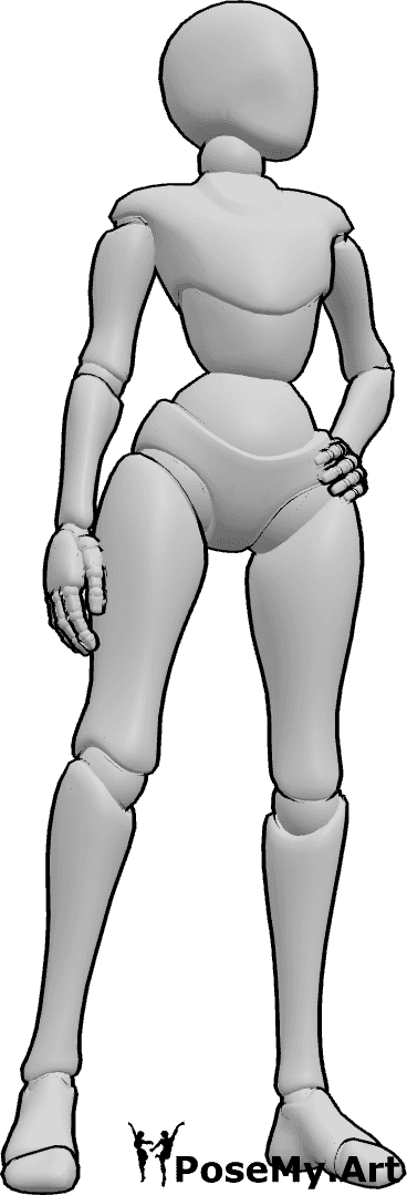 Pose Reference- Female contrapposto standing pose - Female is standing with weight on one leg, hips tilted, shoulders counterbalancing the pelvis