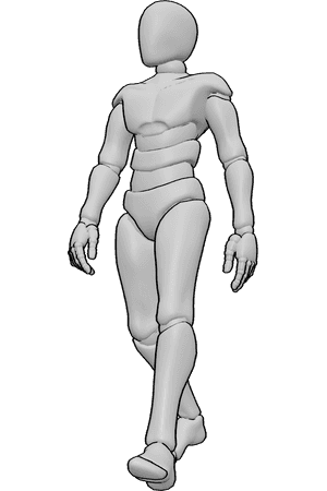 Pose Reference- Male walking mid step pose - Male is walking forward mid-step, one foot lifted, arms swinging naturally