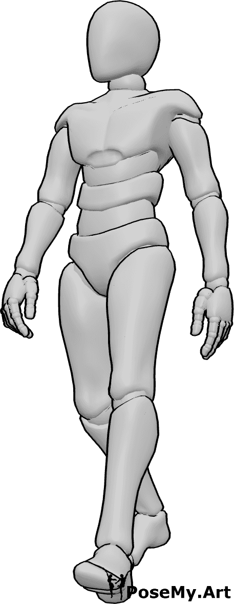 Pose Reference- Male walking mid step pose - Male is walking forward mid-step, one foot lifted, arms swinging naturally