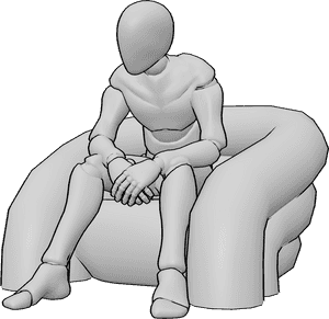 Pose Reference- Male relaxed seated pose - Male is sitting with a loose slouch, shoulders dropped, legs apart