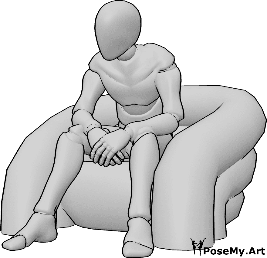 Pose Reference- Male relaxed seated pose - Male is sitting with a loose slouch, shoulders dropped, legs apart