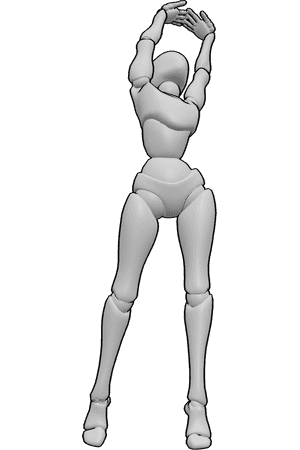 Pose Reference- Female overhead stretch pose - Female is standing with both arms stretched upward, ribcage lifted, heels raised