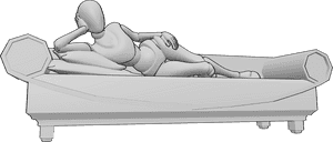 Pose Reference- Female elegant lying sofa pose - Female is lying elegantly on a sofa, supporting her head with her right hand in a relaxed pose